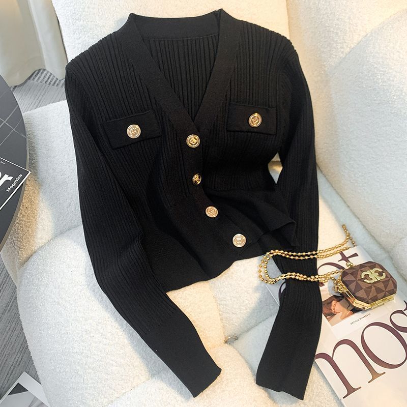 Tweed Style Knitted Cardigan Short Top for Women Spring New Style Slimming Versatile Collar Bottoming Top