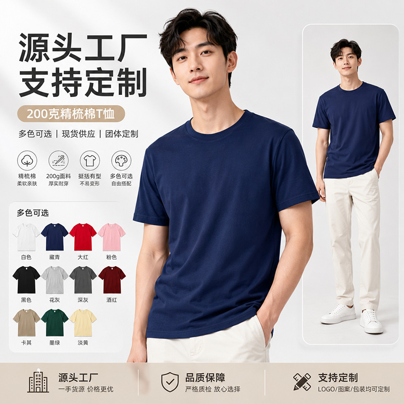 Source Factory Short-Sleeved T-Shirt for Men, 200g Summer Pure Cotton Base Shirt, Unisex Style, Custom Logo T-Shirt Source Factory Short-Sleeved T-Shirt for Men, 200g Summer Pure Cotton Base Shirt, Unisex Style, Custom Logo T-Shirt
