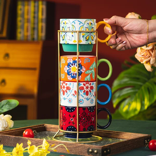 Stacking Cup Ceramic Water Cup Household Couple Cup Set with Iron Frame Retro Breakfast Cup High-Value Mug Wholesale
