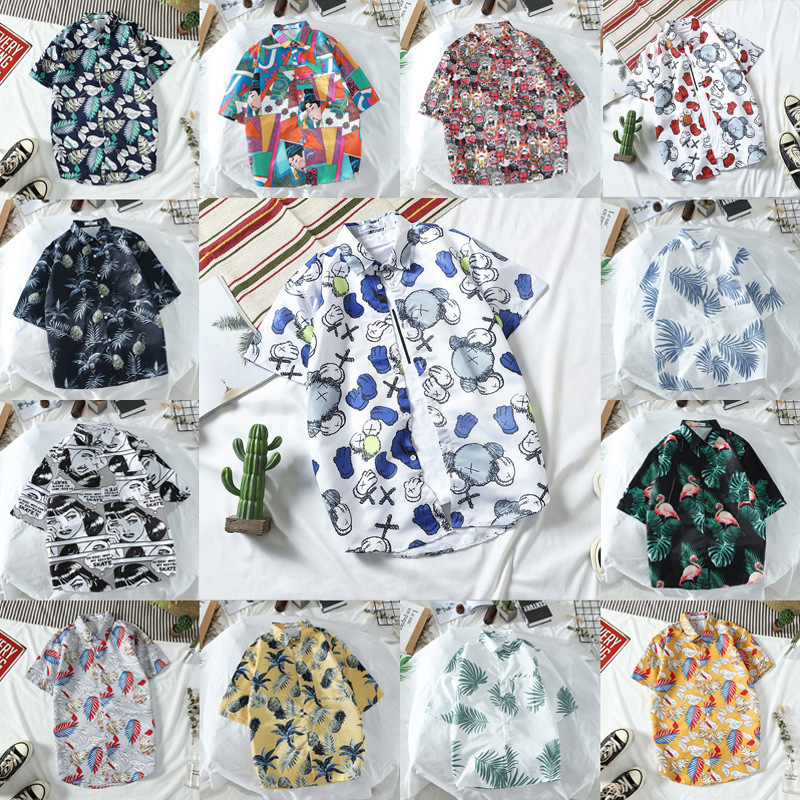 Hawaiian flower shirt men's fashion casual loose Hong Kong style beach holiday floral short sleeve shirt couple Fashion