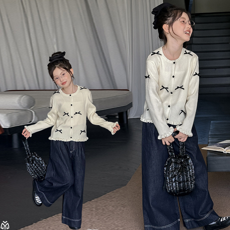 女童套装春秋2025新款儿童洋气毛衣开衫阔腿裤两件套女孩早秋穿搭|undefined
