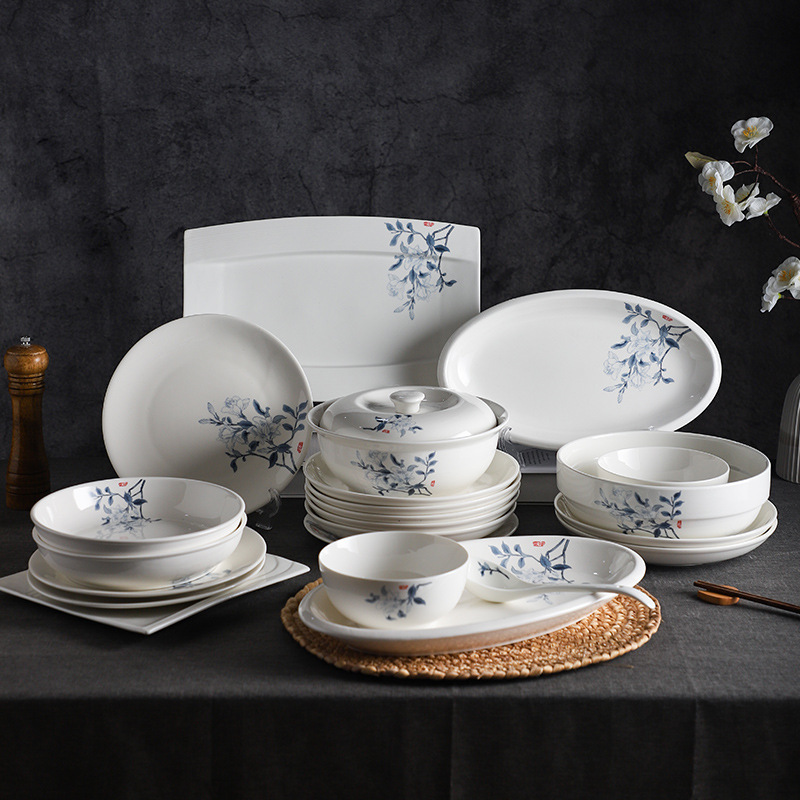 Whole table dish soup pot fish plate suit Chinese ceramic plate large round table tableware entertainment New dinner plate combination Whole table dish soup pot fish plate suit Chinese ceramic plate large round table tableware entertainment New dinner plate combination