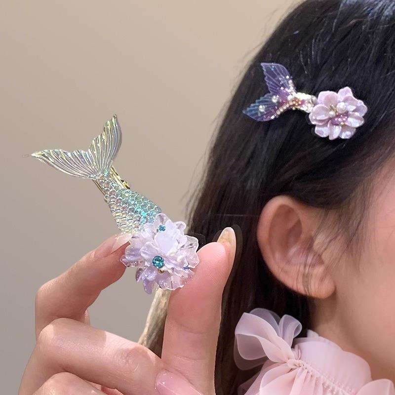 甜美紫色梦幻美人鱼发卡度假风鱼尾发夹侧边夹刘海夹花朵头饰|undefined