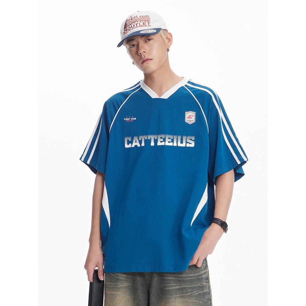 American-style Patchwork Striped V-neck Loose-fitting Short-sleeve T-shirt Men And Women, Hip-hop Street Racing Clothing_viptrois.com