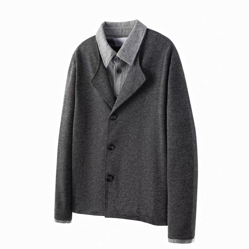 Wool Blend Wheat Ear Jacquard Fake Two-Piece Contrasting Color Stitching Elegant High-Intelligence Shirt Collar Suit Jacket Men's Dark Gray