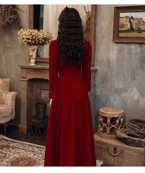 2024 Bride Toast Dress Wine Red Autumn New Long Sleeve Square Collar Back Door Usually Wear Long A- line Dress