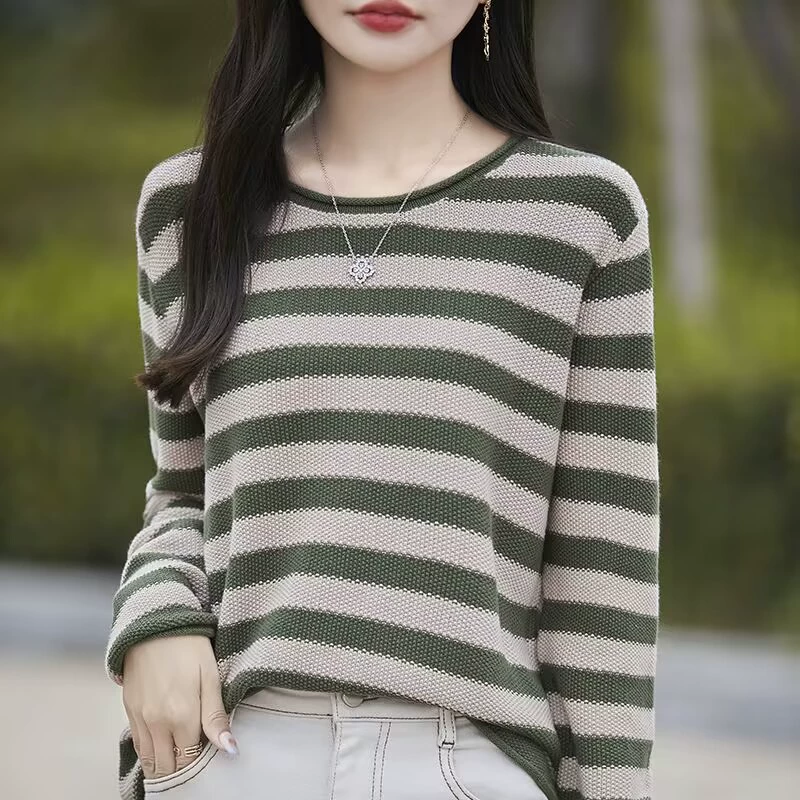100 трикотажных свитеров из хлопчатобумажной нити с круглым вырезом в полоску Весенний и Осенний толстый свитер Свободный ленивый ветреный нижний свитер