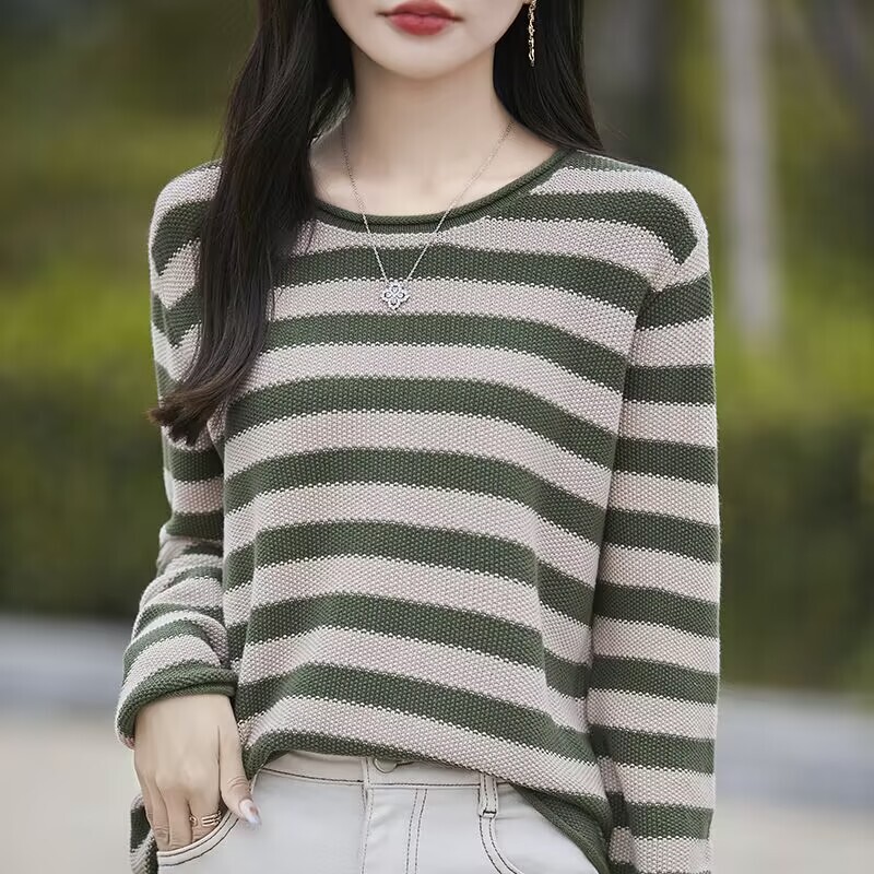 100 Pure Cotton Knitted Sweater Women's Curl Crewneck Stripe Spring and Autumn Thickened Sweater Loose Lazy Style Base Shirt