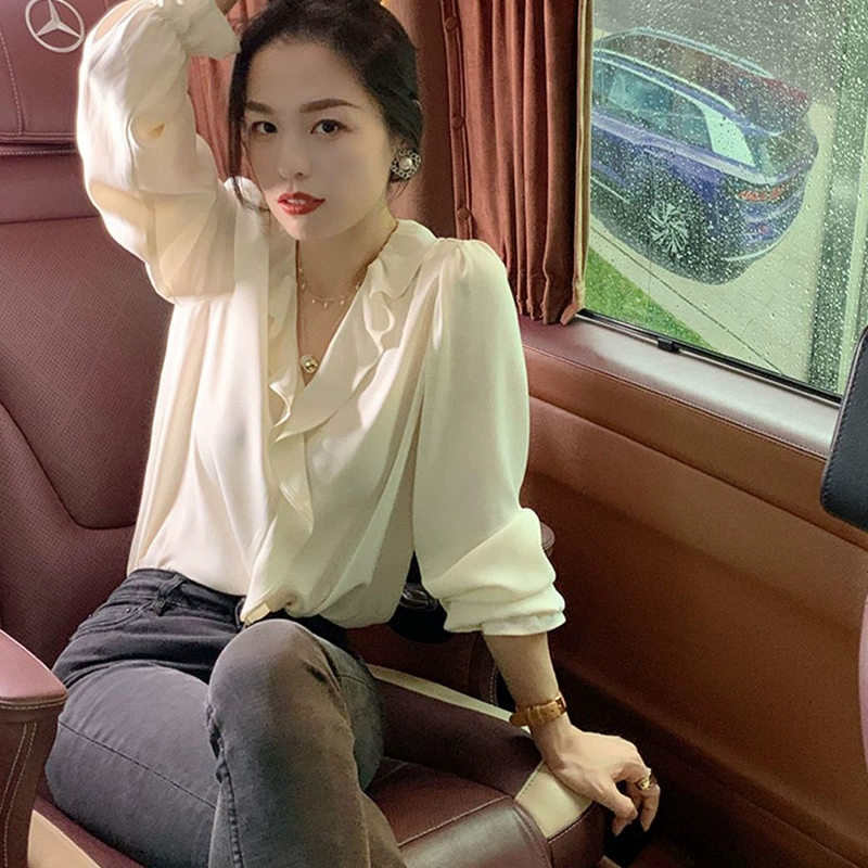 Французская рубашка с длинными рукавами и грибком для женщин, весна и осень, новая свободная шифоновая рубашка в корейском стиле с рюшами