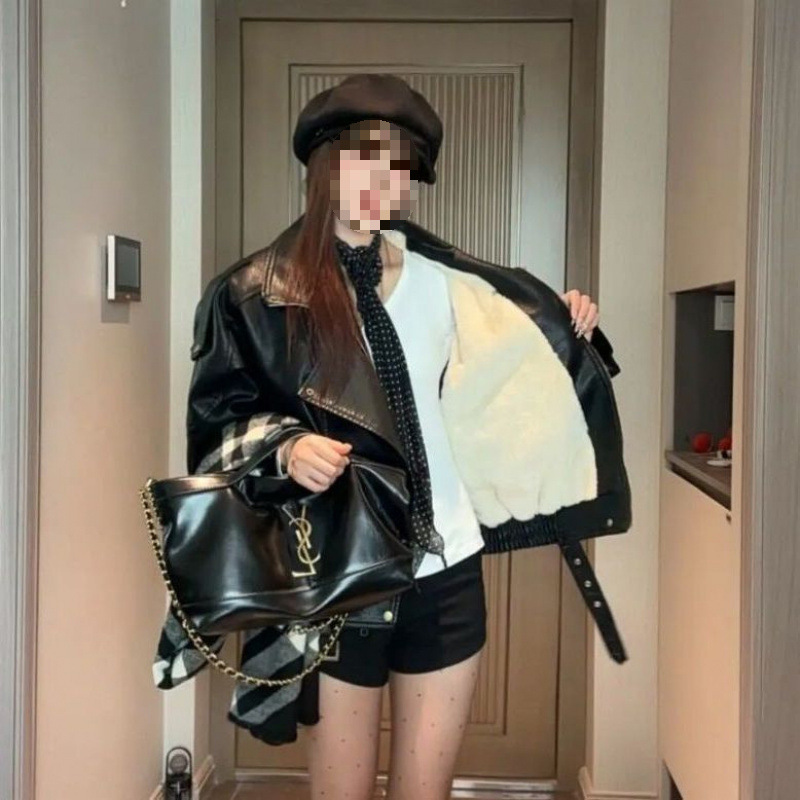 Fleece-Lined Thickened Autumn and Winter New Leather Jacket for Women, Hong Kong Style Versatile Leather Jacket, Korean Style Loose Biker Jacket