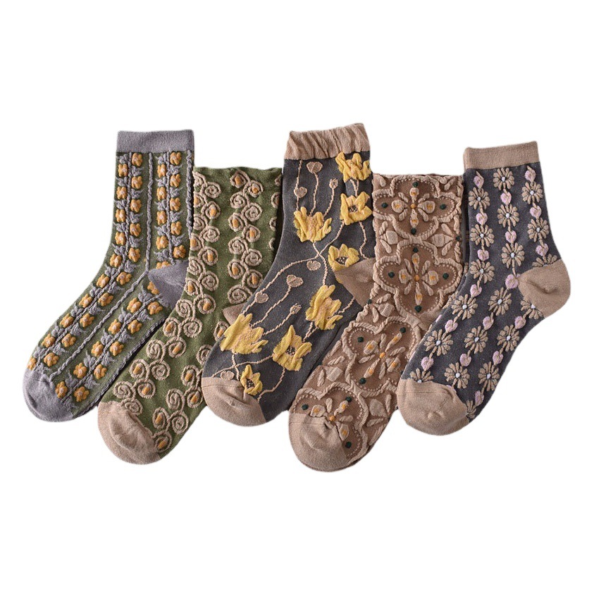 Calcetines de algodón de marca Liaoyuan calcetines de alivio tridimensionales de corte retro calcetines de media pantorrilla de mujer de moda Otoño e Invierno a juego dulce