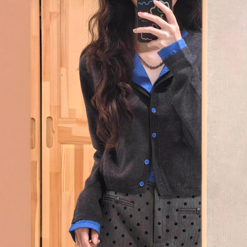撞色假两件针织衫女秋季慵懒风毛衣软糯开衫复古长袖短款上衣外套|undefined