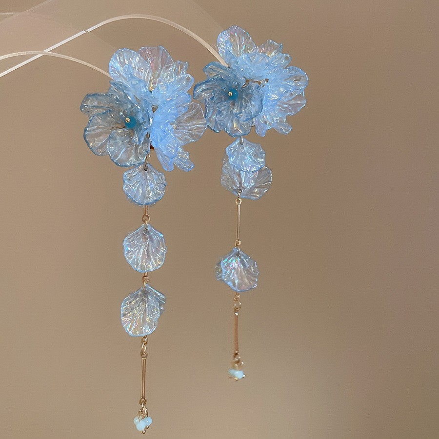 Pendientes de borla de cuentas de arroz de flor de gasa de aguja de plata Pendientes de todo fósforo de estilo de vacaciones Pendientes frescos y dulces para mujer