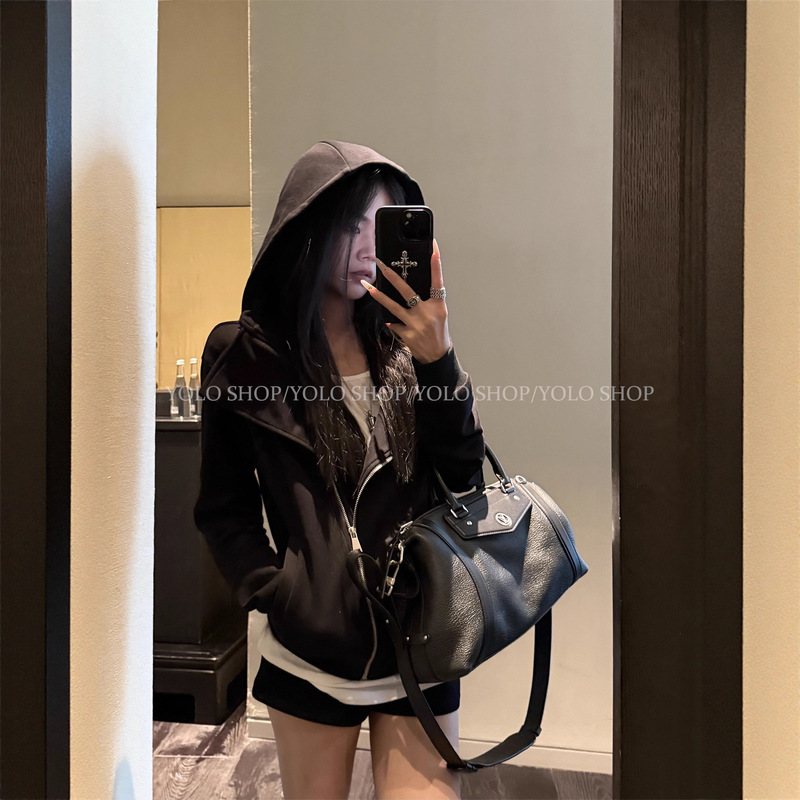 Yolo Shop Black Hooded Sweatshirt Women's Slim and Versatile Design Lapel American Cardigan Jacket Top