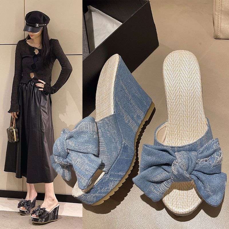 Summer non-slip denim women's slippers wedge heel platform with bow…