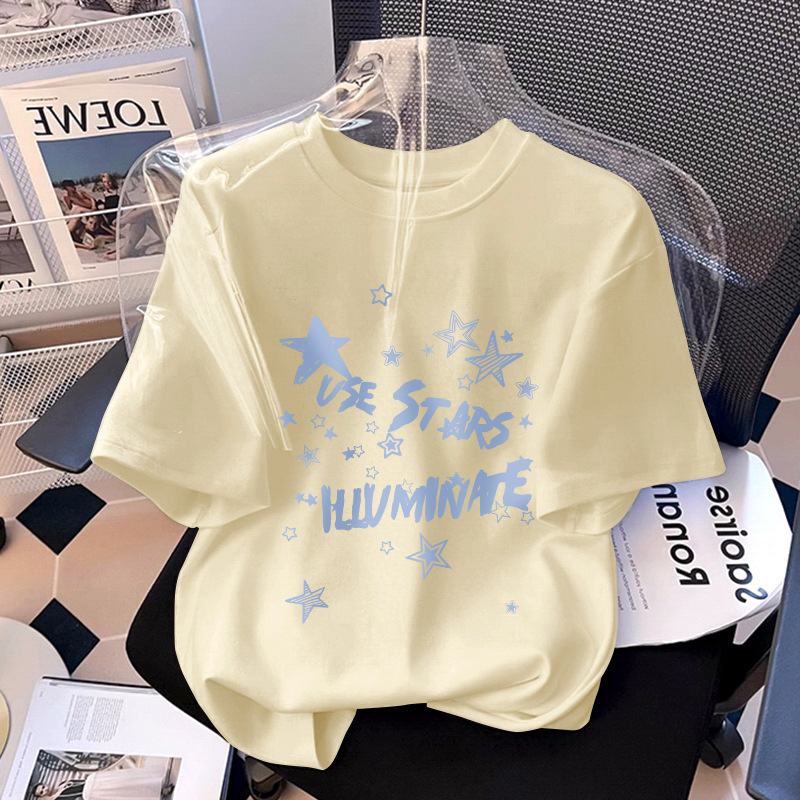 2026 New Summer Style Girls' Apricot Color Pure Cotton Short-Sleeved T-Shirt Kidsren's Cartoon Star Loose Top Ins
