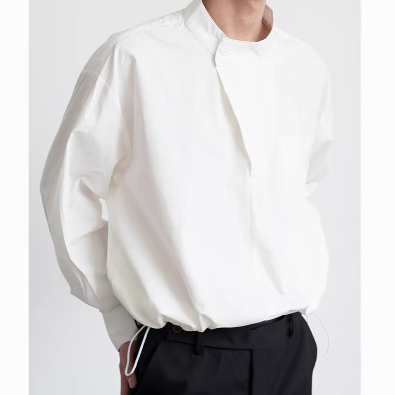 Pullover Shirt for Men, New Spring Style, Small Stand-Up Collar Shirt, Trendy Niche Drawstring Loose Solid Color Design Top