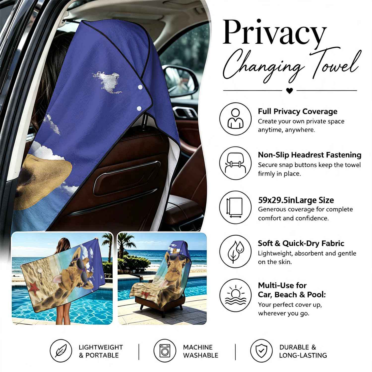 Printed bath towel and car seat cover 2-in-1, ultra-fine fiber outdoor beach and car dual-use universal seat cushion