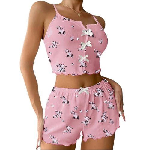 European and American printed floral butterfly bow spaghetti strap shorts pajamas loungewear set of two