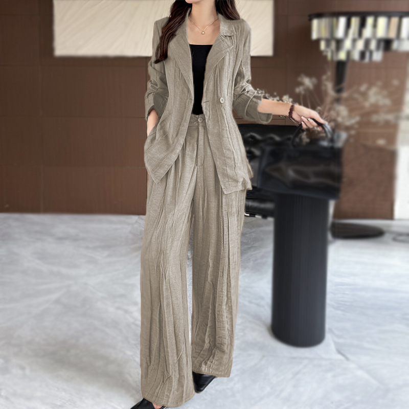 GraceChic Fashion Casual Suit per donna 2025 Blazer slim fit con taglio diagonale e plissettato, pantaloni lunghi, set due pezzi_voghion.com