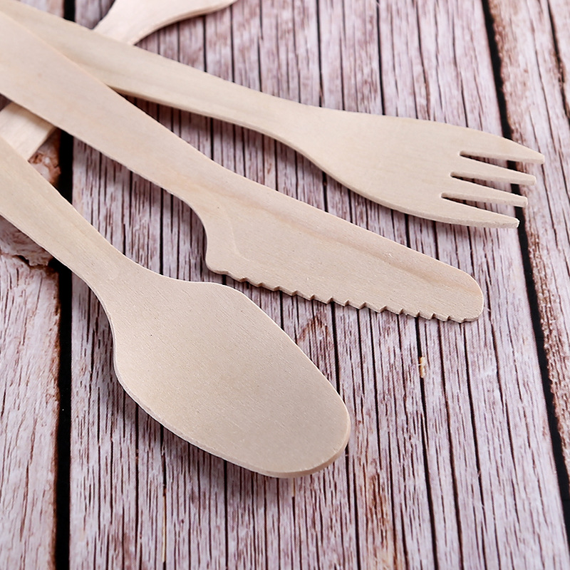 Desechables degradables cuchillo de abedul, tenedor y cuchara 20cm logotipo de marca bolsa de papel Kraft embalaje tenedor de madera y cuchara vajilla