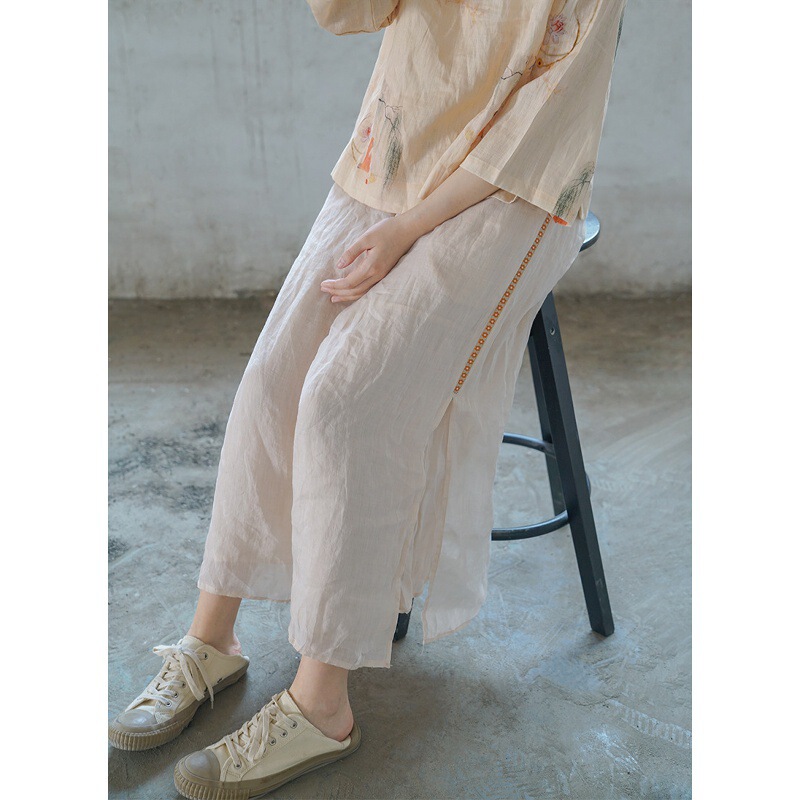 Original Pastoral Style Double-Layer High-Slit Flowing Straight-Leg Pants Versatile Loose Slimming Straight-Leg Lace-Up Linen Pants K21143 Original Pastoral Style Double-Layer High-Slit Flowing Straight-Leg Pants Versatile Loose Slimming Straight-Leg Lace-Up Linen Pants K21143