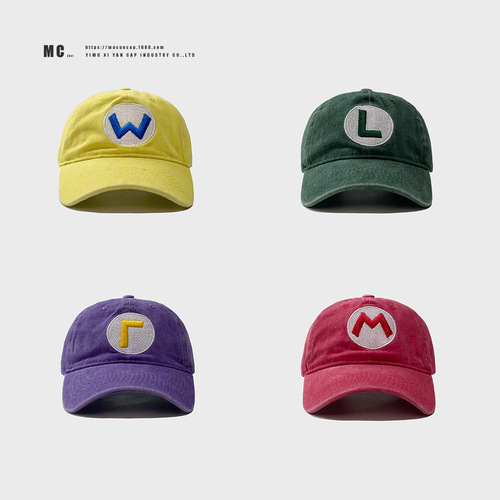 Super Mario Series Letter Embroidered Cap for Men and Women, Sun Hat, Washable Distressed Cartoon Cute Duckbill Hat