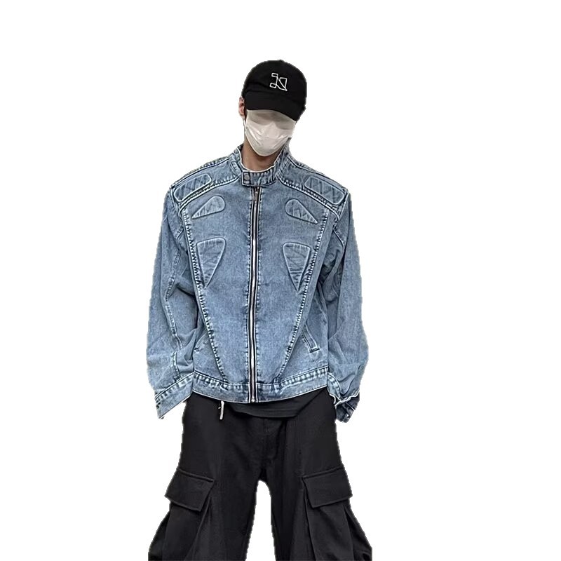 Men's Denim Jacket With Shoulder Pads And Standing Collar_voghion.com