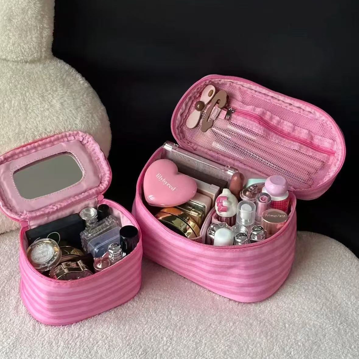 Striped Cosmetic Bag with Mirror for Women, Portable for Travel, Large Capacity, Standable, Cute, Small Square Handbag