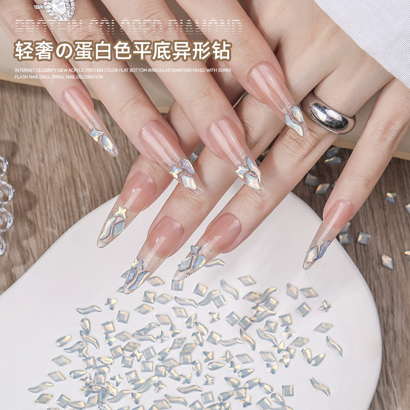 2026 New Acrylic Egg White Flat-Bottomed Irregular-Shaped Rhinestones Mixed Pack Super Shiny Nail Art Rhinestones Small Size Nail Decorations