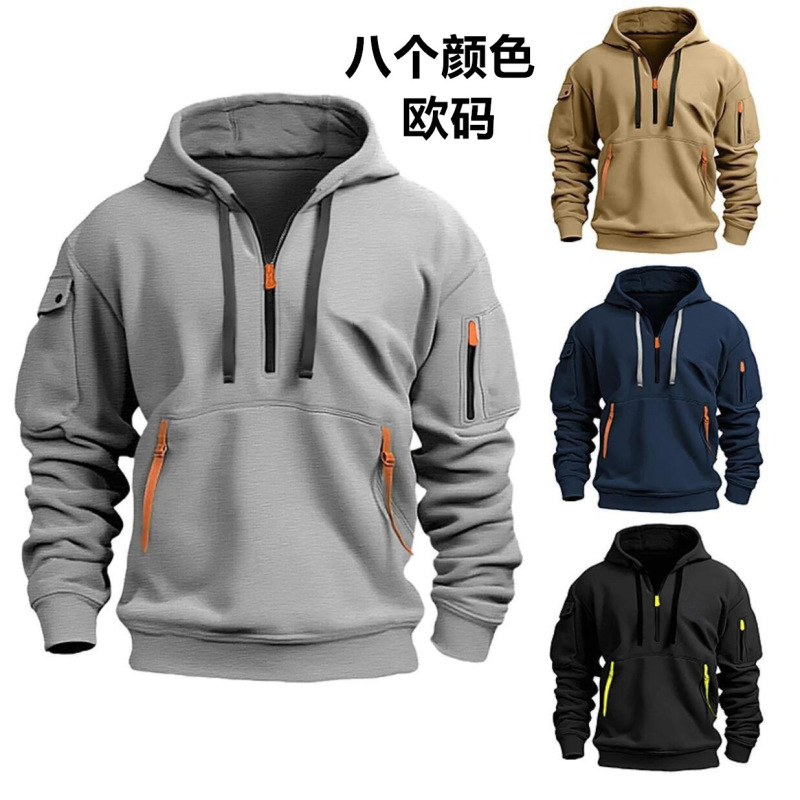 Cross-border Autumn and Winter Men's Sweater Hoodie Zipper Multi-pocket Pullover Men's Sports Casual Outer Pullover European Size Cross-border Autumn and Winter Men's Sweater Hoodie Zipper Multi-pocket Pullover Men's Sports Casual Outer Pullover European Size