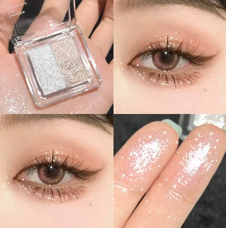 Eyeshadow Duo, pink–purple shiny palette, sequin finish, handheld compact