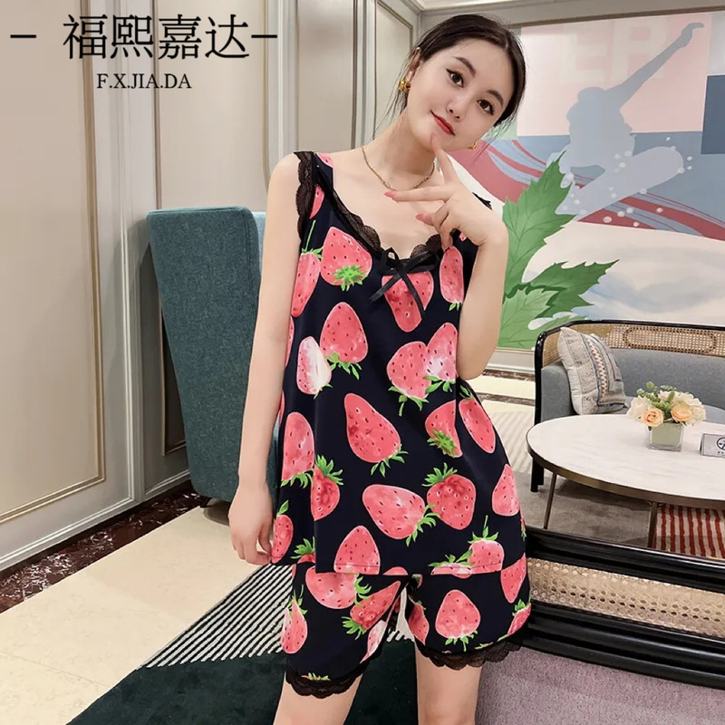 Summer New Pajamas for Women to Go Out, Simple Casual Loose Suspender Shorts Printed Home Clothes Set That Can Be Worn Outside Summer New Pajamas for Women to Go Out, Simple Casual Loose Suspender Shorts Printed Home Clothes Set That Can Be Worn Outside