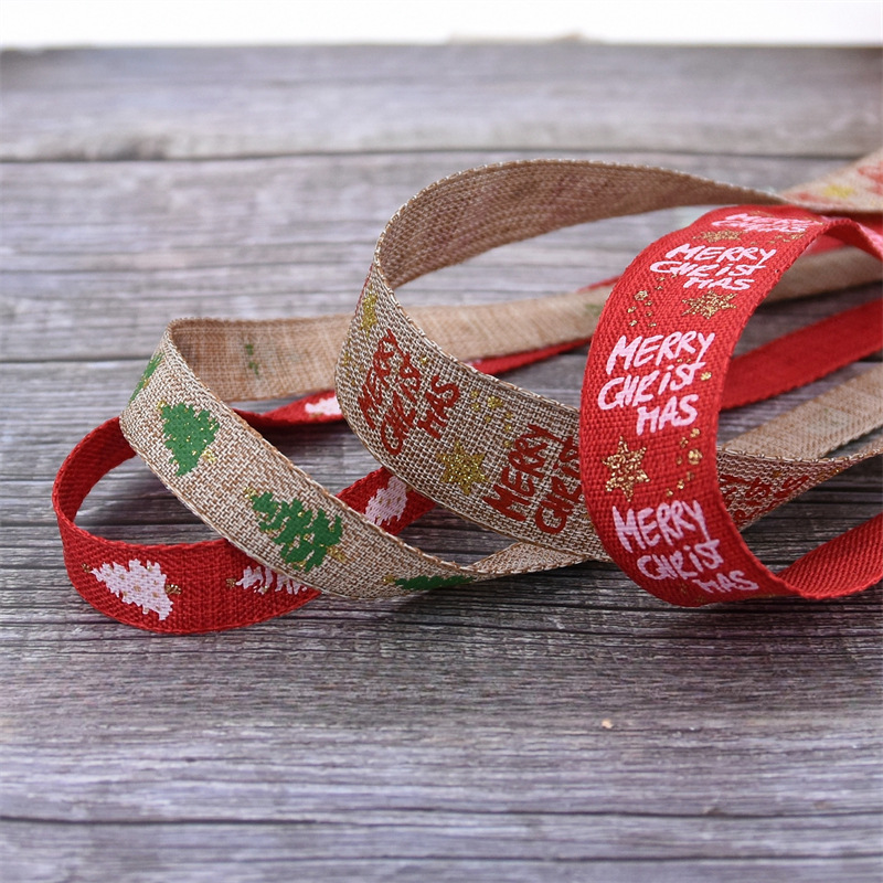 Comercio exterior Navidad imitación tela de lino polvo rociado oro fijación tela de lino rollo decoración de regalo de Navidad DIY mano impresión de cinta