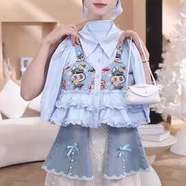 女童韩版套装2026新款春季儿童洋气卡通花边假两件衬衫牛仔喇叭裤
