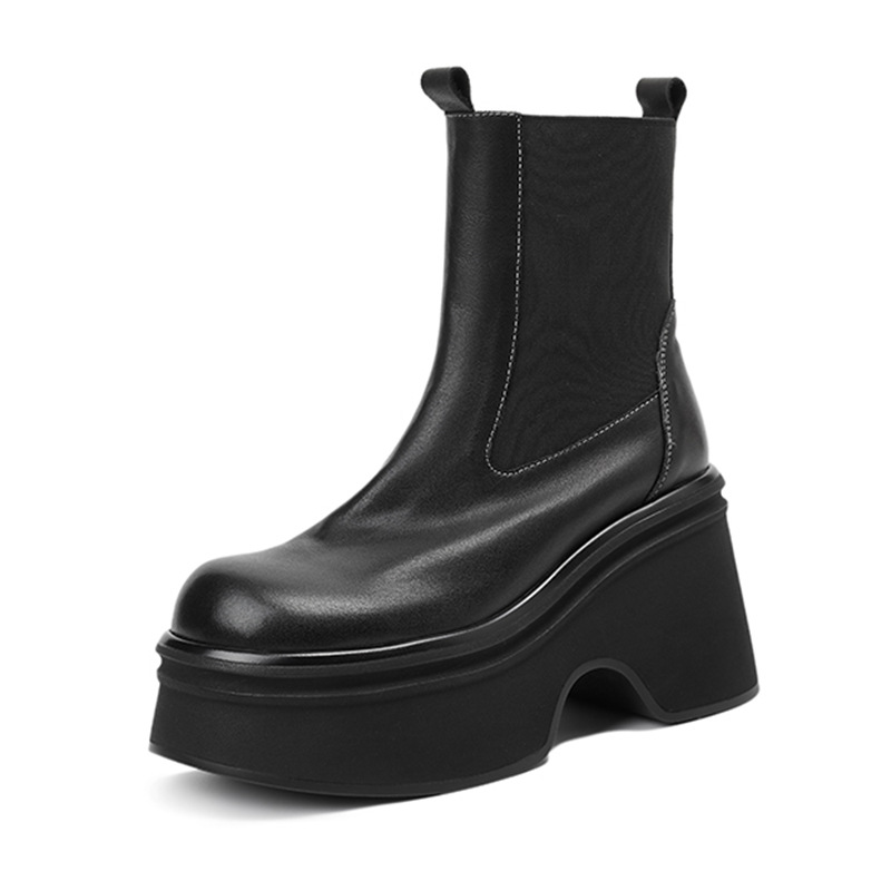 Boot Chelsea nữ da bò mũi tròn đế nêm siêu cao gót cổ ngắn mùa thu đông — Lớp lót nhung đen, đen, Lớp lót nhung màu nâu, nâu