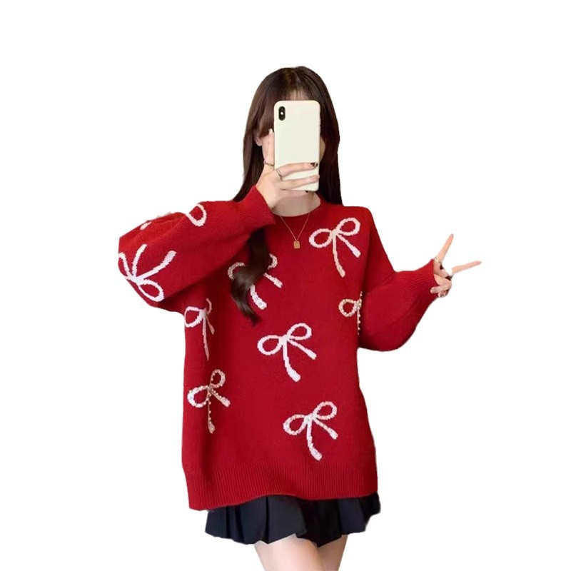 Suéter de Año Nuevo coreano para mujeres otoño y invierno nuevo viento perezoso hombre pequeño cuello redondo rojo chaqueta de punto image 6
