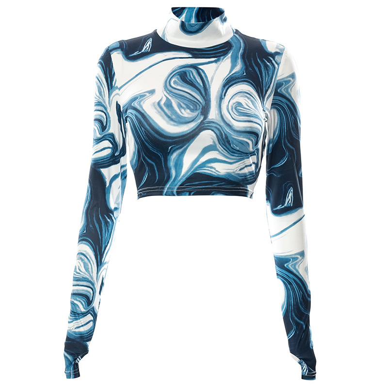 Printed Half-High Neck Navel Finger Sleeves Shirt NSSWF105136