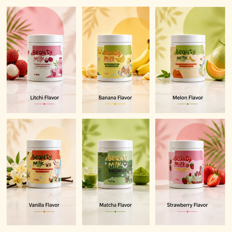 Beauty Milk Premium Drink Powder: Strawberry, Vanilla, and Matcha Collagen Milkshake Protein Drink