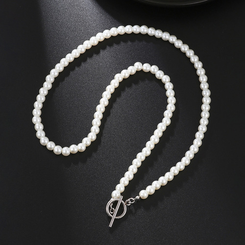 Cross-border best-selling stainless steel OT clasp imitation pearl necklace with a touch of gothic style, unisex lockchain with a hip-hop pearl necklace.
