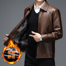 pu皮衣加绒夹棉加厚立领男士冬季软皮外套皮夹克短款中年男装黄色
