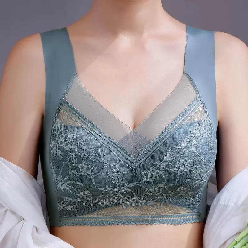 美背蕾丝内衣女蕾丝无钢圈固定一体式聚拢侧收副乳无痕背心式文胸