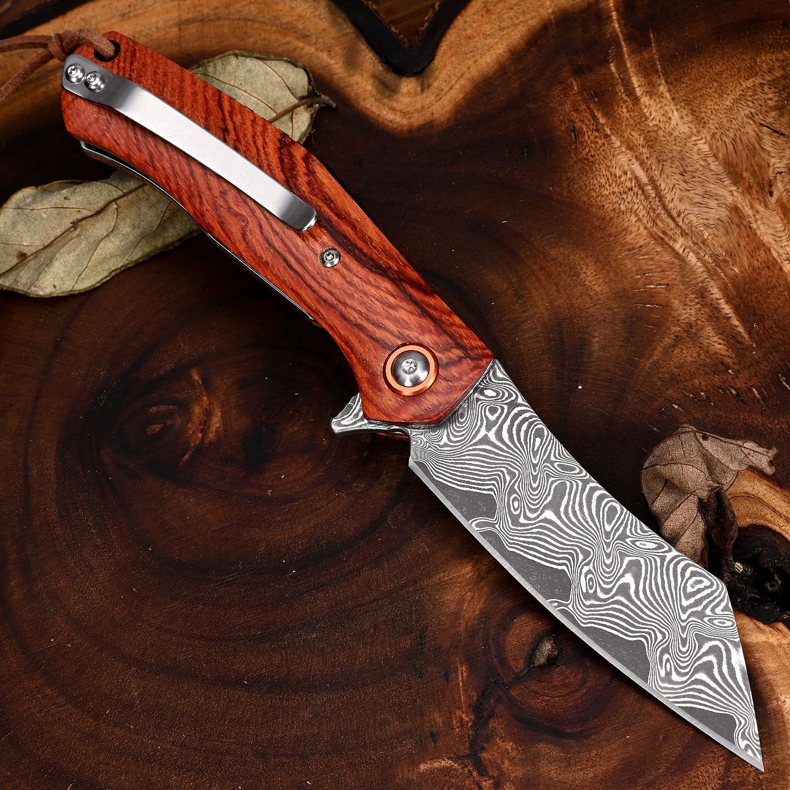 大马士革钢酸枝柄户外便携折叠刀野营露营装备带皮绳折刀厂家直发