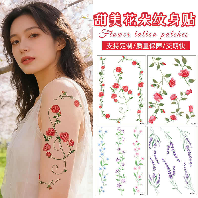 New Chinese-Style Peach Blossom Tattoo Stickers, Waterproof, Long-Lasting, Floral Arm Design, Cross-Border European and American Temporary Tattoo Stickers for Women and Children