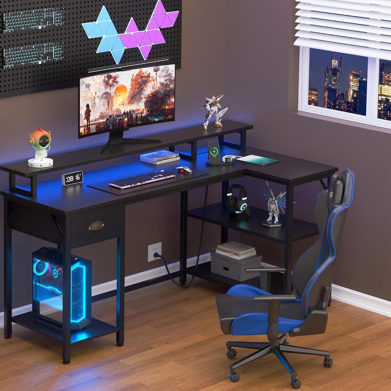 Home Office Desk with Monitor Shelf L-Shaped Computer Desk with 3-Tier Storage Shelves and Drawers Double-Sided Gaming Desk