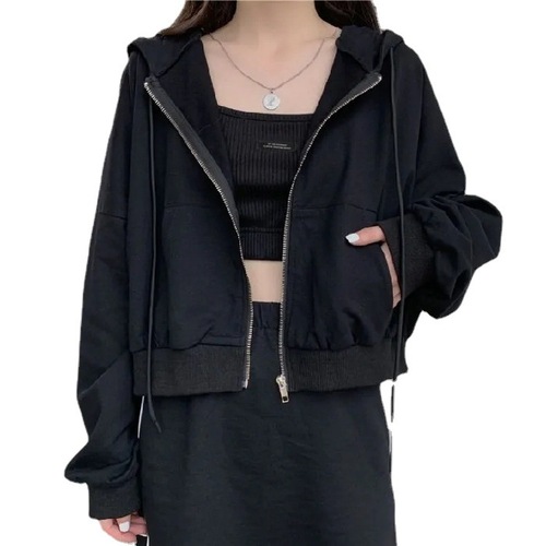 Women's New Korean Style Short-Sleeve Thin Hooded Sweatshirt with Zipper, Solid Color Long-Sleeve Top, Trendy One-Piece Outerwear