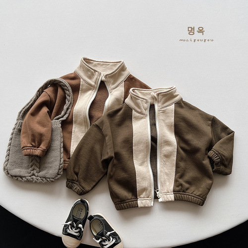 Knock on style~Korean version of contrasting color coats, autumn new style, retro Japanese cardigans, sweatshirts, jackets for boys and girls, children's clothing trend