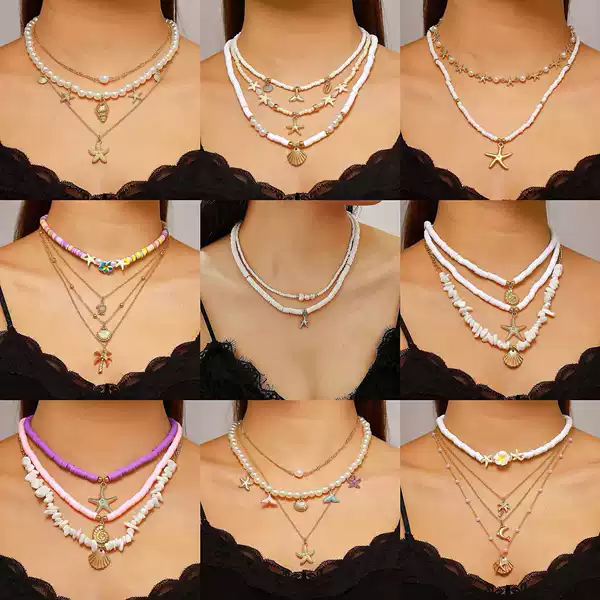 Summer Bohemian Style Multi-Layered Shell and Starfish Necklace, Beach Vacation Seed Bead Choker