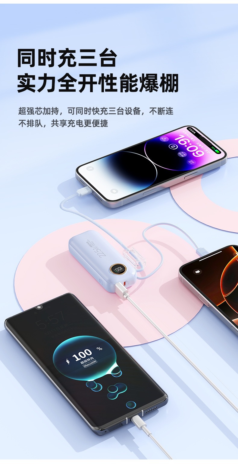 Yeni 3C Ulusal Standart Hızlı Şarj Taşınabilir Şarj Cihazı 22.5W Süper Hızlı Şarjlama Yerleşik Kablo 10000mAh Hediye Özelleştirmesi Çapraz Sınır