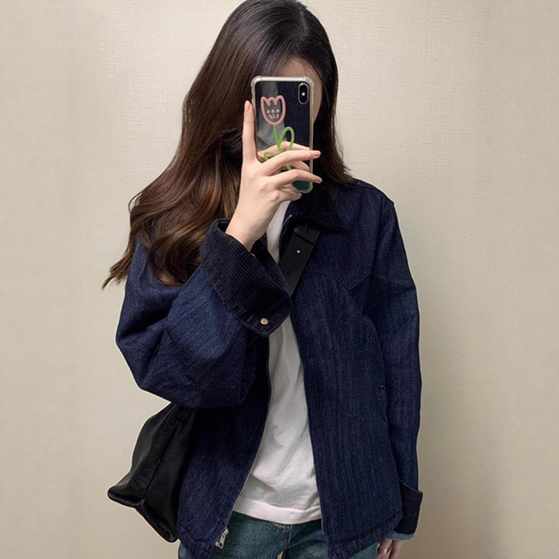 水洗复古牛仔外套女秋款短款小个子休闲宽松灯芯绒翻领夹克上衣潮